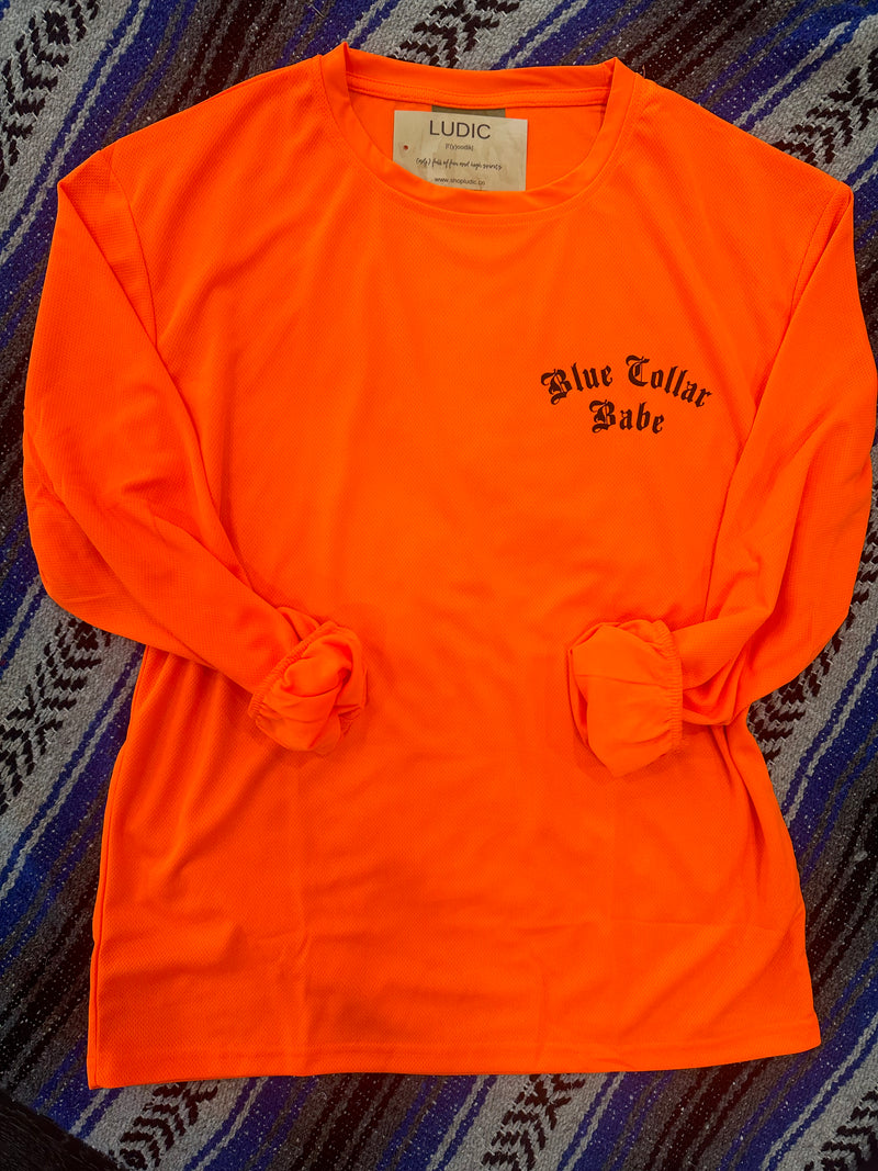 Blue Collar Babe LS w/Rose Logo Dry Fit- Safety Orange